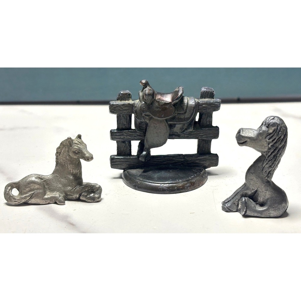 Vintage 3 pc Pewter Miniature Horse Figurine Set Bronze Saddle on Fence